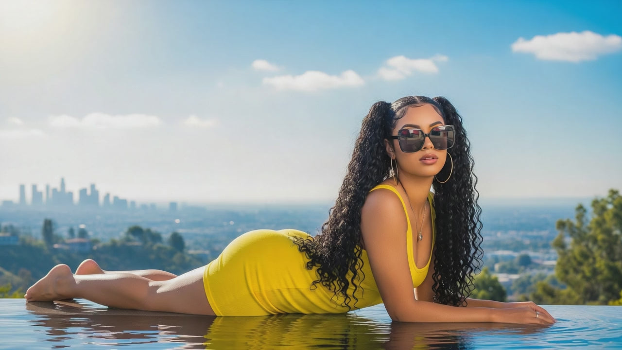 Load video: A Latina woman with curly dark hair styled in high pigtails, wearing a bright yellow fitted dress and large dark sunglasses, lies on her stomach in shallow water, propped up on her forearms. The video begins with a close-up shot focusing solely on her sunglasses. The camera then slowly zooms out to reveal her full face and upper body as she slightly turns her head from side to side, showcasing the sunglasses from different angles. The camera then smoothly pans down her body before slowly zooming back in on her face as she offers a confident gaze and a subtle smile directly at the viewer. The water reflects the bright blue sky with fluffy white clouds. In the blurred background, a cityscape is visible on the horizon, with greenery in between. The lighting is bright and natural, suggesting a sunny day. The overall mood is stylish and engaging, clearly highlighting the modeling of the sunglasses.